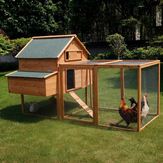 "Large Wooden Chicken Coop for 8-10 Chickens - Waterproof, Run, 2 Nests, PVC Cover