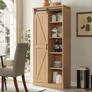 Rustic Large Kitchen Pantry Cabinet with Sliding Barn Doors & Shelves - Multipurpose