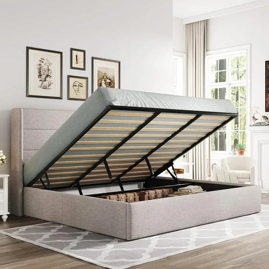 "Large Lift Storage Bed with Modern Wingback Headboard – Hydraulic, Easy Assembly