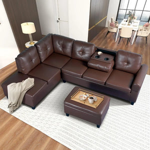 Living Room Sofas - PU Leather L-Shaped Couch w/Cup Holder and Storage Ottoman