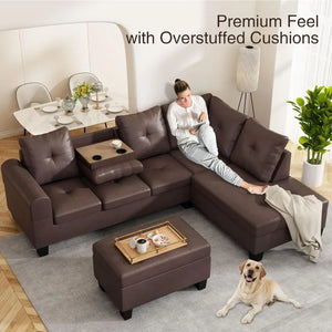 Living Room Sofas - PU Leather L-Shaped Couch w/Cup Holder and Storage Ottoman