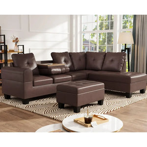 Living Room Sofas - PU Leather L-Shaped Couch w/Cup Holder and Storage Ottoman