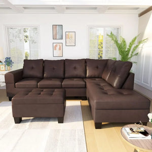 Living Room Sofas - PU Leather L-Shaped Couch w/Cup Holder and Storage Ottoman