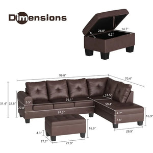 Living Room Sofas - PU Leather L-Shaped Couch w/Cup Holder and Storage Ottoman