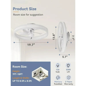 Sleek 19.7" LED Bladeless Ceiling Fan - Flush Mount, Remote Control, Modern Style