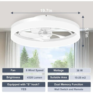 White 19.7" Flush Mount Ceiling Fan with Lights - Low Profile, Remote Control