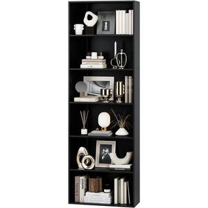 Freestanding 6-Shelf Tall Black Bookcase - Open Design Display Storage Unit