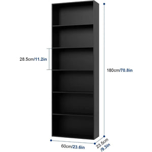 Freestanding 6-Shelf Tall Black Bookcase - Open Design Display Storage Unit