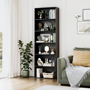 Freestanding 6-Shelf Tall Black Bookcase - Open Design Display Storage Unit