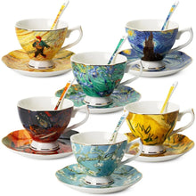 Load image into Gallery viewer, Set of 6 Porcelain Tea Cups (8 oz) with Saucers, Porcelain Tea Cup Sets