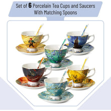 Load image into Gallery viewer, Set of 6 Porcelain Tea Cups (8 oz) with Saucers, Porcelain Tea Cup Sets