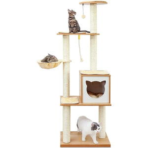 Deluxe 65" Wood Cat Tree House - Modern Cat Condo with Hammock, Scratching Post, Detachable Cushions