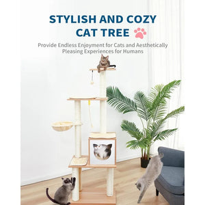 Deluxe 65" Wood Cat Tree House - Modern Cat Condo with Hammock, Scratching Post, Detachable Cushions