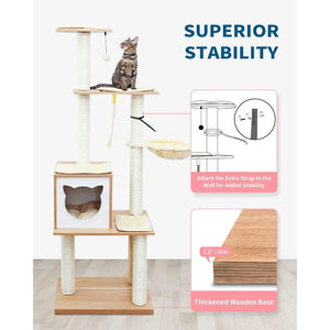 Deluxe 65" Wood Cat Tree House - Modern Cat Condo with Hammock, Scratching Post, Detachable Cushions