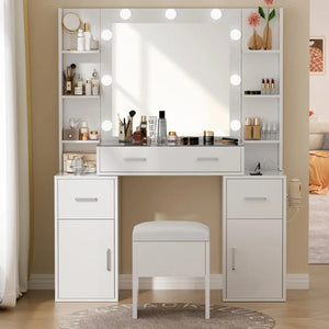 Sleek Vanity Mirror Desk with Lighting, USB Charging, Adjustable Brightness for Beauty Routine