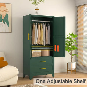 "Metal Storage Cabinet, 2-Door Wardrobe with Adjustable Shelf & 2 Drawers