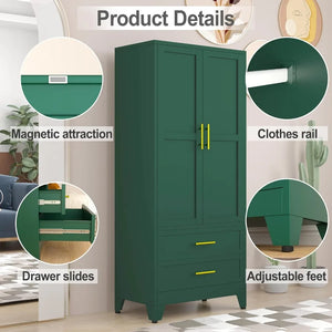 "Metal Storage Cabinet, 2-Door Wardrobe with Adjustable Shelf & 2 Drawers