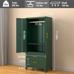 "Metal Storage Cabinet, 2-Door Wardrobe with Adjustable Shelf & 2 Drawers