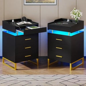 Modern End Table w/ LED Lights & Storage - Metal Legs, Bedside Table for Bedroom