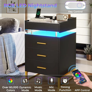 Modern End Table w/ LED Lights & Storage - Metal Legs, Bedside Table for Bedroom