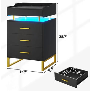 Modern End Table w/ LED Lights & Storage - Metal Legs, Bedside Table for Bedroom