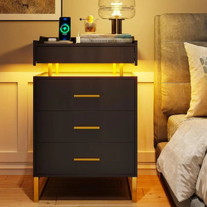 Modern End Table w/ LED Lights & Storage - Metal Legs, Bedside Table for Bedroom