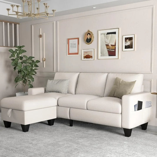 Modern 3-Seat L-Shaped Upholstered Sofa w/ Reversible Storage Footrest & Pockets