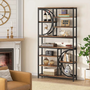 "Stylish 8-Shelf Bookcase, 77-Inch Tall Metal Frame Multi-Shelf Display Unit