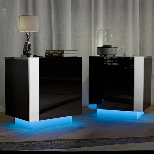 Nightstand Storage Cabinet for Bedroom - High Gloss Nightstand, LED Lights, Charging