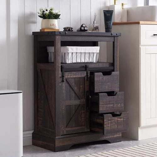 Rustic Bathroom Storage Cabinet, Sliding Barn Door Design, Drawers, Compact Floor Cabinet