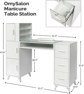 Manicure Table - Nail Desk for Nail Techs, Glass Top, Wrist Rest, Beauty Salon Supplies Workstation