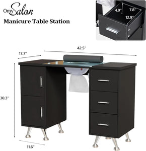 Nail Desk Workstation - Manicure Table with Glass Top, Wrist Rest, for Nail Salon Decor and Supplies