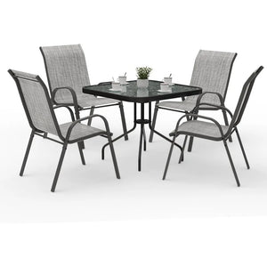 "5-Piece Outdoor Dining Set: Patio Table with Textured Glass & 4 Stackable Chairs