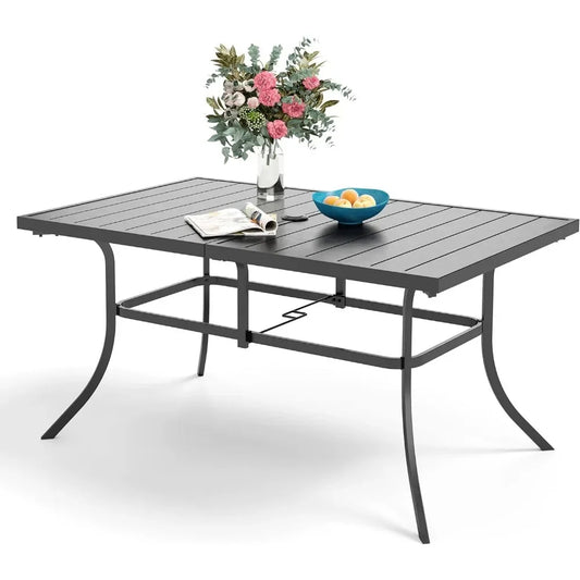 Outdoor Dining Table, Black Steel Slatted Patio Table Seats 6, Weather-Resistant