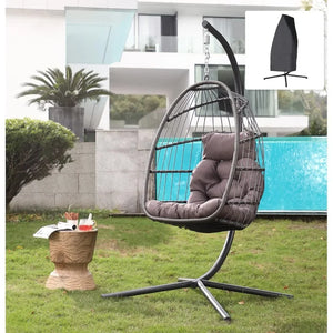 Rattan Hanging Egg Chair w/Stand - Wicker Patio Swing Cushion & Cover Included