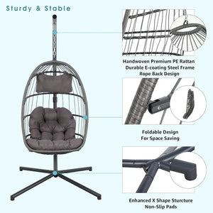 Rattan Hanging Egg Chair w/Stand - Wicker Patio Swing Cushion & Cover Included