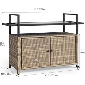 Outdoor Kitchen Trolley - Rolling Cart w/ Wheels, Black Glass Tabletop