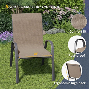 "Outdoor Patio Dining Set: Square Metal Table w/ Umbrella Hole & 6 Stackable Chairs