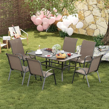 Load image into Gallery viewer, &quot;Outdoor Patio Dining Set: Square Metal Table w/ Umbrella Hole &amp; 6 Stackable Chairs