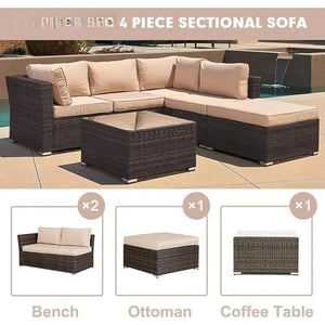 Outdoor Sofa Set with Cushions & Tempered Glass Table - Patio Garden Furniture