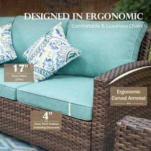 Outdoor 5-Piece Garden Sofa Set: 2 Chairs, 2 Ottomans, 3-Seat Sofa, Cushions