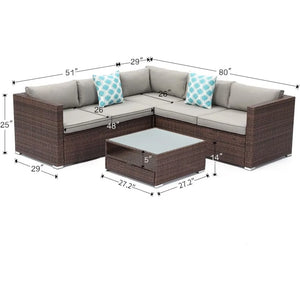 "All-Weather Brown Wicker Outdoor Sofa Set with Thick Cushions & Glass Table