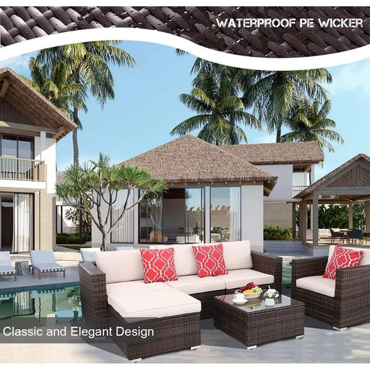 "Modern PE Rattan Outdoor Sofa Set with Glass Coffee Table – Stylish Garden Sectional