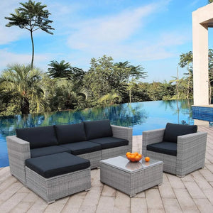 "Modern PE Rattan Outdoor Sofa Set with Glass Coffee Table – Stylish Garden Sectional