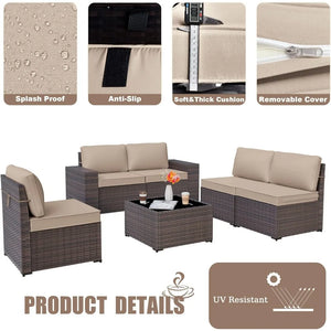 "Outdoor Rattan Sofa Set with Thick Cushions & Glass Coffee Table – Patio Furniture