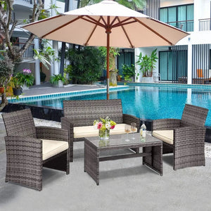 "Outdoor Wicker Sofa Set with Soft Cushions & Glass Coffee Table – Garden Comfort