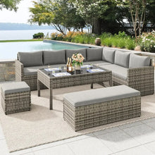 Load image into Gallery viewer, All-Weather Wicker Patio Sofa Set - 9 Pc w/ Dining Table, Ottoman &amp; Storage