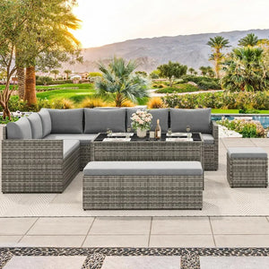 All-Weather Wicker Patio Sofa Set - 9 Pc w/ Dining Table, Ottoman & Storage