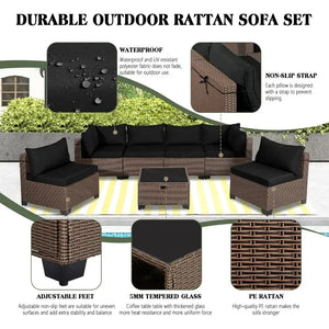 All-Weather 7-Piece Wicker Patio Sofa Set | Thickened Cushions, Glass Table