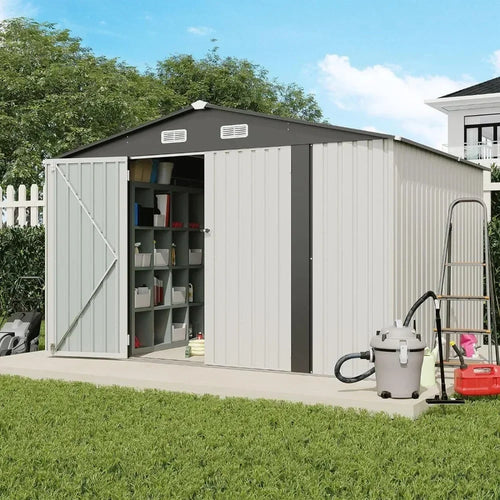 10x8 FT Galvanized Steel Outdoor Storage Shed - Double Doors, Lock, Garden/Patio